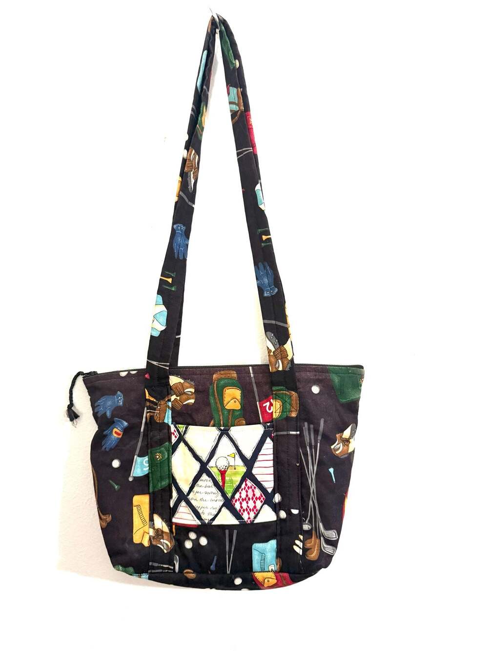 Golf  Purse Vintage Quilted Fabric Golf Print Shoulder Tote Bag
